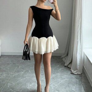 Black Casual Women's Woven Splicing Design Sleeveless Asymmetric Mini Dress
